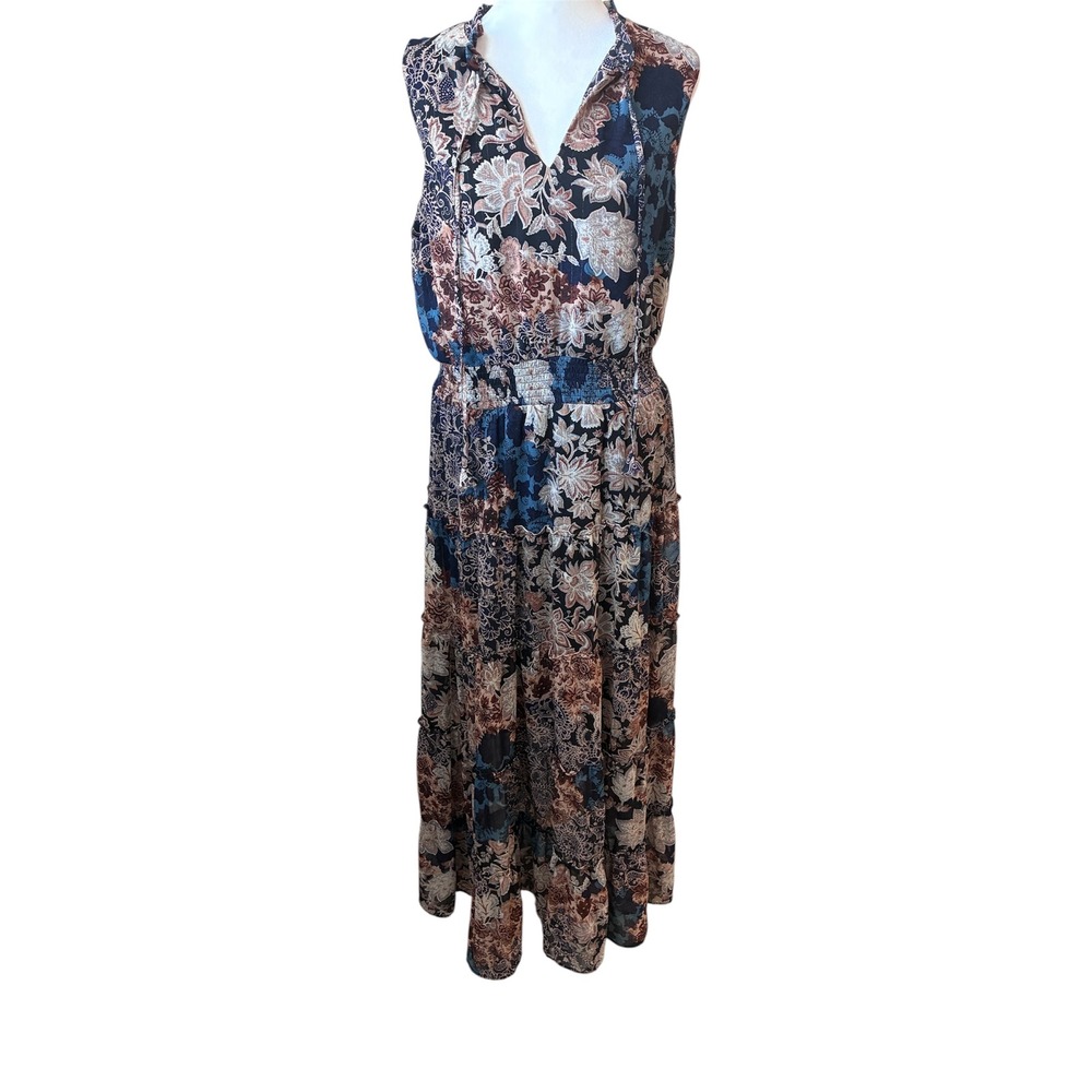 MSK Women's Maxi Dress Floral Print Sleeveless V Neck‎ Smocked Waist Size L